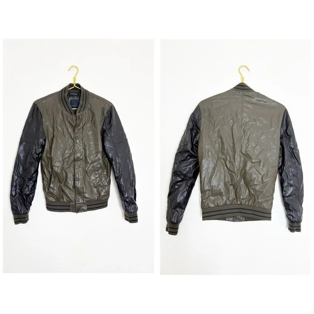 Zara Mens Vegan Leather Bomber Jacket Size Small Black Olive Green Quiet Luxury